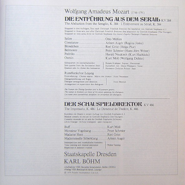 Cover zu Wolfgang Amadeus Mozart - Arleen Auger, Reri Grist, Peter Schreier, Harald Neukirch, Kurt Moll, Staatskapelle Dresden With Karl Böhm - Die Entführung Aus Dem Serail / Der Schauspieldirektor