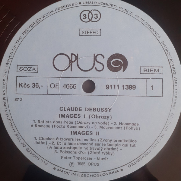 Cover zu Claude Debussy / Peter Toperczer - Images, For Piano / Etudes Selection | 1987 | Vinyl | Classical | Czechoslovakia