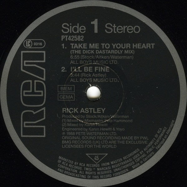 Cover zu Rick Astley - Take Me To Your Heart (The Dick Dastardly Mix) | 1988 | Vinyl | Electronic, Pop | Europe Schallplatten Ankauf