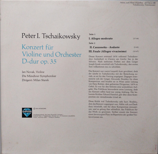 Cover zu Pyotr Ilyich Tchaikovsky - Konzert Für Violine Und Orchester D-Dur Op. 35 | 1972 | Vinyl | Classical | Germany