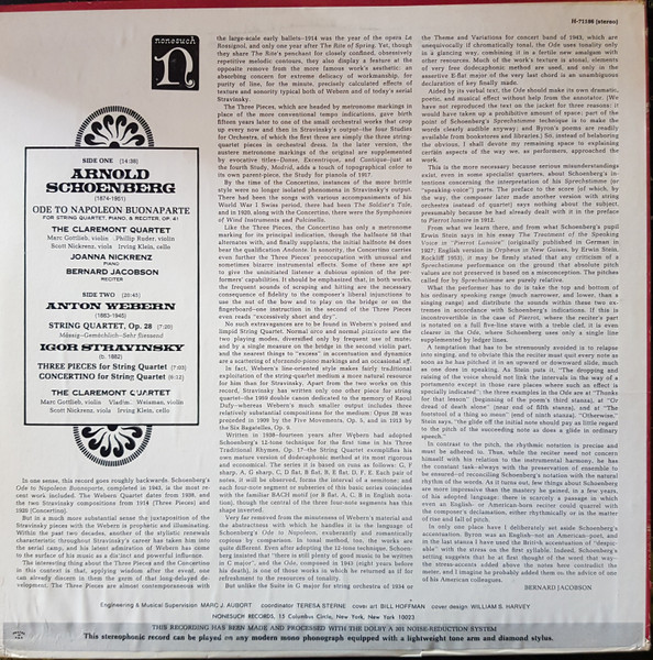Cover zu Arnold Schoenberg / Anton Webern / Igor Stravinsky - The Claremont Quartet, Joanna Nickrenz, Bernard Jacobson - Ode To Napoleon Buonaparte For String Quartet, Piano, & Reciter, Op. 41 / String Quartet, Op. 28 / Three Pieces • Concertino For String Quartet | Vinyl | Classical | US