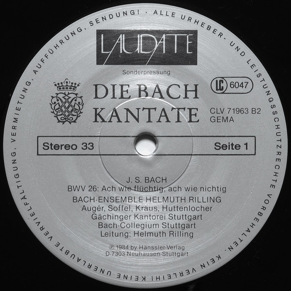Cover zu Bach-Ensemble, Helmuth Rilling - Die Bach Kantate - BWV 95 Christus, Der Ist Mein Leben / BWV 26 Ach Wie Flüchtig, Ach Wie Nichtig | 1985 | Vinyl | Classical | Germany Schallplatten Ankauf