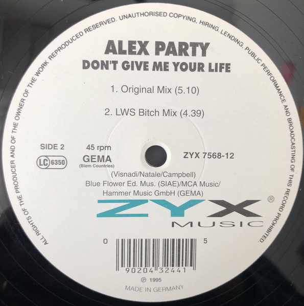 Cover zu Alex Party - Don't Give Me Your Life | 1995 | Vinyl | Electronic | Germany Schallplatten Ankauf