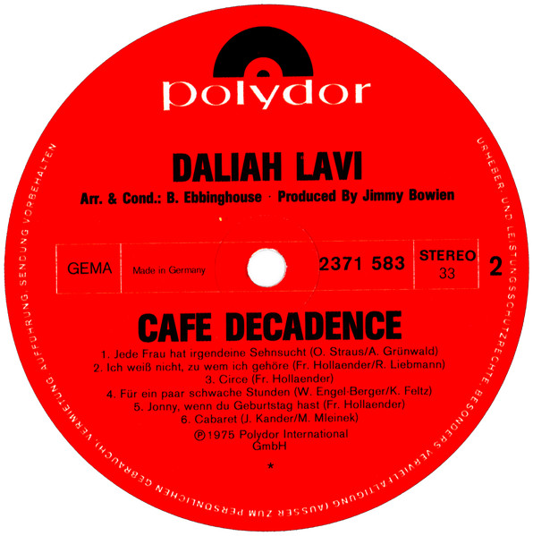 Cover zu Daliah Lavi - Cafe Decadence | 1975 | Vinyl | Pop | Germany