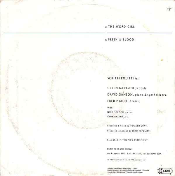 Cover zu Scritti Politti With Ranking Ann - The Word Girl | 1985 | Vinyl | Electronic, Reggae | Europe Schallplatten Ankauf