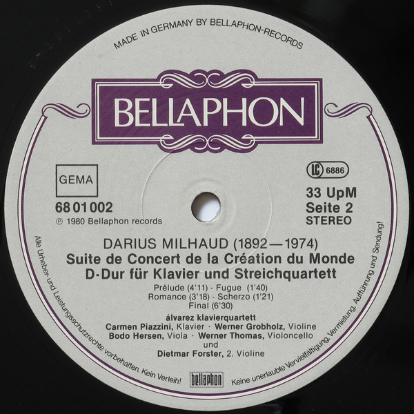 Cover zu Álvarez Klavierquartett, Darius Milhaud / Robert Schumann - Suite De Concert De La Création Du Monde D-Dur Für Klavier Und Streichquartett / Klavierquartett C-Moll | 1980 | Vinyl | Classical