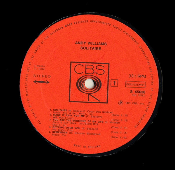 Cover zu Andy Williams - Solitaire | 1973 | Vinyl | Pop | Netherlands