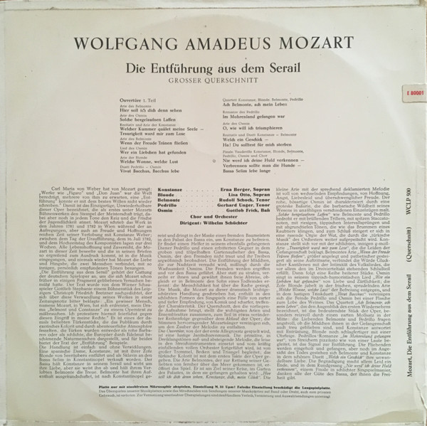 Cover zu Wolfgang Amadeus Mozart / Erna Berger, Lisa Otto, Rudolf Schock, Gerhard Unger, Gottlob Frick, Wilhelm Schüchter - Die Entführung Aus Dem Serail (Großer Querschnitt) | Vinyl | Classical Schallplatten Ankauf