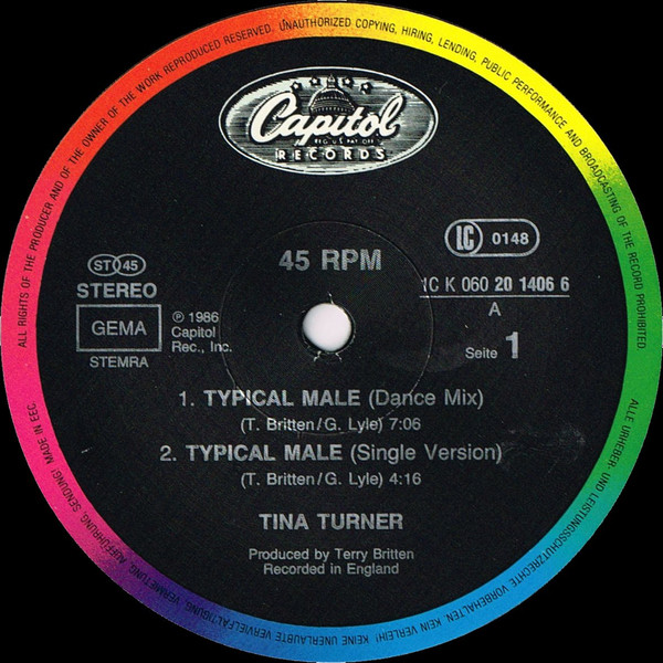 Cover zu Tina Turner - Typical Male (Dance Mix) | 1986 | Vinyl | Rock, Pop | Europe