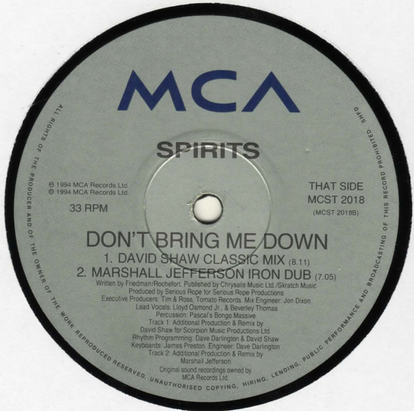 Cover zu Spirits - Don't Bring Me Down | 1994 | Vinyl | Electronic | UK