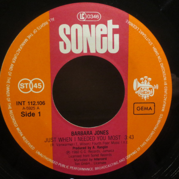 Cover zu Barbara Jones - Just When I Needed You Most | 1981 | Vinyl | Reggae, Funk / Soul | Germany
