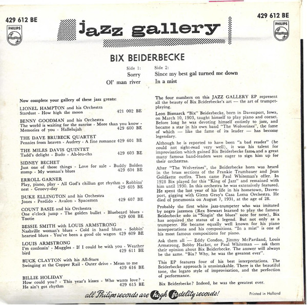 Cover zu Bix Beiderbecke - Jazz Gallery | 1960 | Vinyl | Jazz, Classical | Netherlands Schallplatten Ankauf