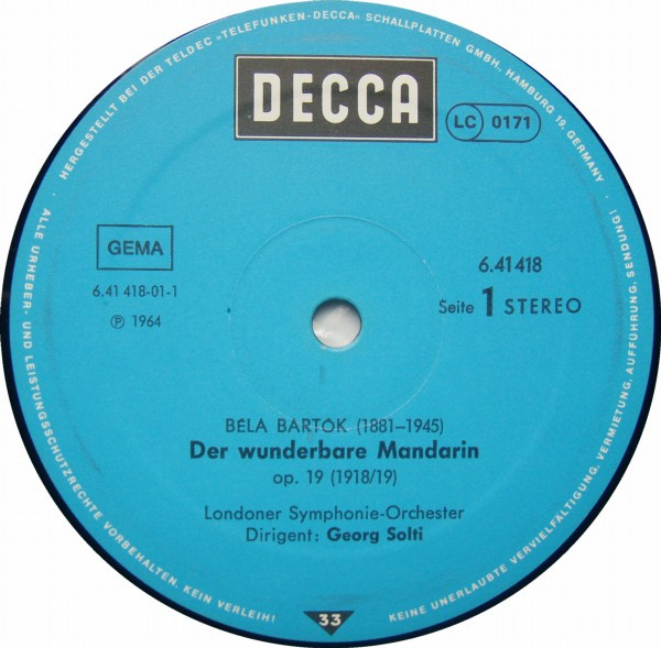 Cover zu Béla Bartók, London Symphony Orchestra, Georg Solti - Der Wunderbare Mandarin / Musik Für Saiteninstrumente, Schlagzeug Und Celesta | Vinyl | Classical | Germany
