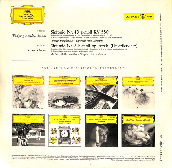 Cover zu Wolfgang Amadeus Mozart, Franz Schubert - Fritz Lehmann, Wiener Symphoniker - Sinfonie Nr. 40 G-Moll Kv 550 / Sinfonie Nr. 8 H-Moll Op. Posth. (Unvollendete) | 1958 | Vinyl | Classical | Germany Schallplatten Ankauf