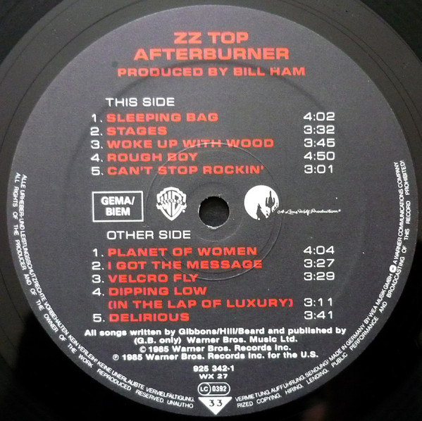 Cover zu ZZ Top - Afterburner | 1985 | Vinyl, LP, Album, Stereo | Rock, Pop | Europe Schallplatten Ankauf