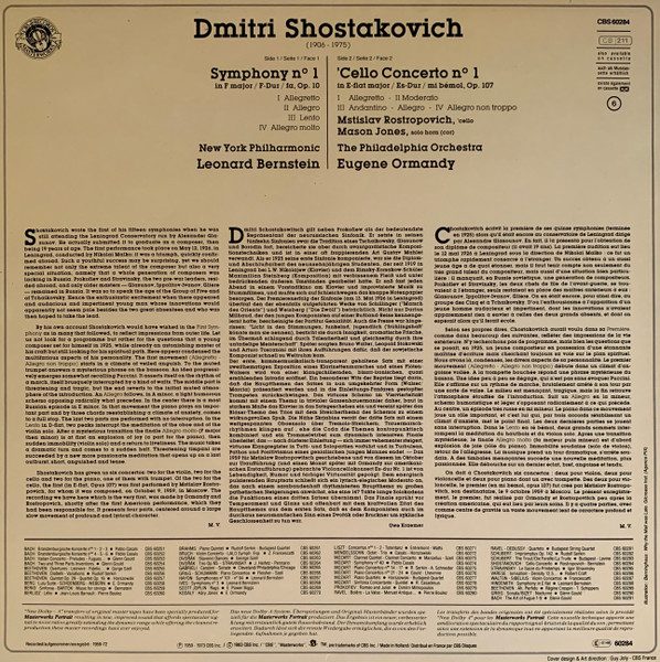 Cover zu Dmitri Shostakovich / Eugene Ormandy, Mstislav Rostropovich, The Philadelphia Orchestra / Leonard Bernstein, New York Philharmonic - Symphony N°1 / 'Cello Concertos N°1 | 1983 | Vinyl, LP, Compilation | Classical | Europe