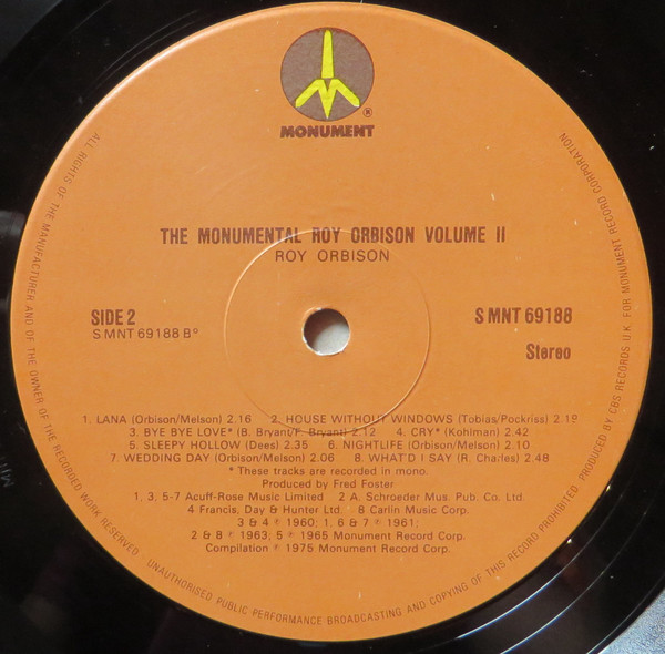 Cover zu Roy Orbison - The Monumental Roy Orbison Vol.2 | 1975 | Vinyl | Rock, Pop | UK Schallplatten Ankauf