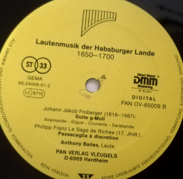 Cover zu Anthony Bailes, Esaias Reusner Jr., Jan Antonín Losy, Johann Jakob Froberger, Heinrich Ignaz Franz Biber, Phillip Franz Lesage De Richée - Lautenmusik Der Habsburgischen Lande | Classical Schallplatten Ankauf