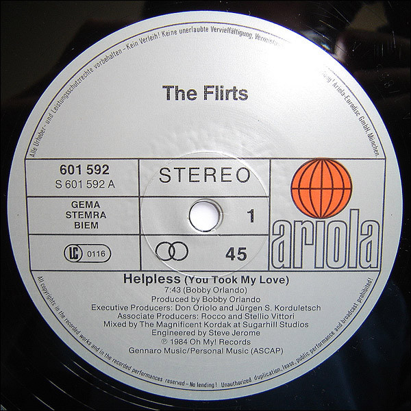 Cover zu The Flirts - Helpless (You Took My Love) (Extended Version) | 1985 | Vinyl | Electronic | Europe Schallplatten Ankauf
