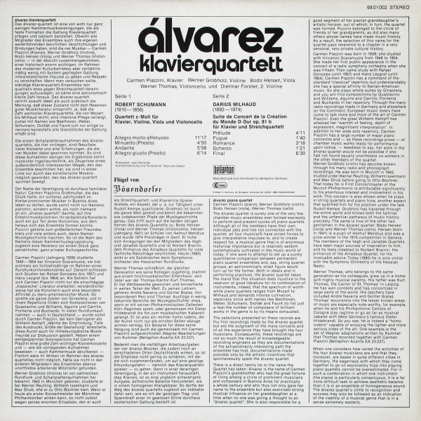 Cover zu Álvarez Klavierquartett, Darius Milhaud / Robert Schumann - Suite De Concert De La Création Du Monde D-Dur Für Klavier Und Streichquartett / Klavierquartett C-Moll | 1980 | Vinyl | Classical