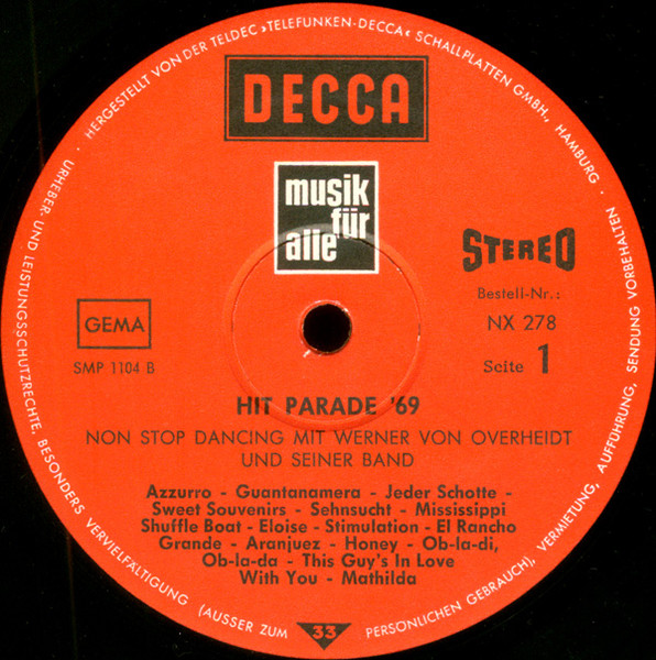 Cover zu Werner von Overheidt Und Seine Band - Hit Parade '69 - Non Stop Dancing | 1969 | Vinyl | Pop | Germany