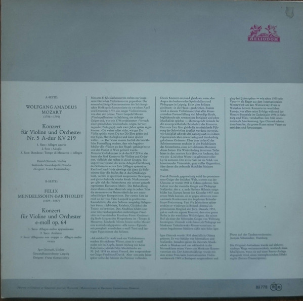 Cover zu Wolfgang Amadeus Mozart / Felix Mendelssohn-Bartholdy · David Oistrach Und Igor Oistrach - Violinkonzert Nr.5 A-Dur KV 219 · Violinkonzert E-Moll Op. 64 | 1968 | Vinyl | Classical | Germany Schallplatten Ankauf