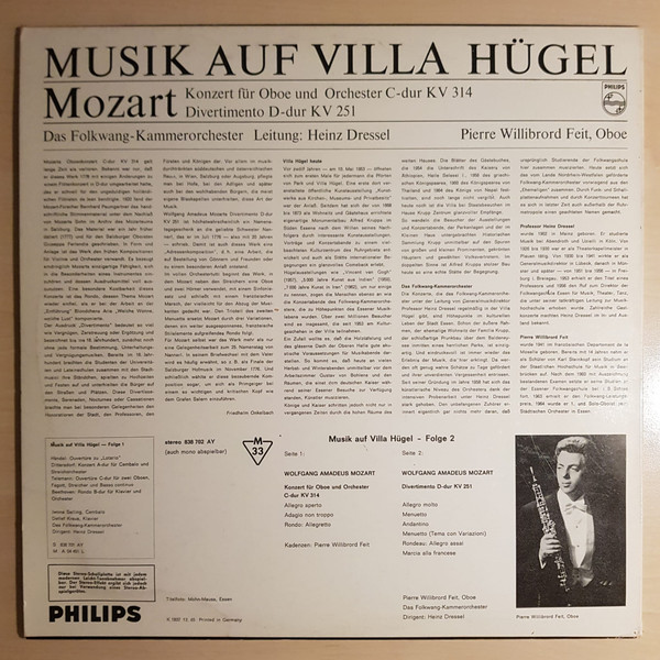 Cover zu Wolfgang Amadeus Mozart, Das Folkwang-Kammerorchester, Heinz Dressel, Pierre W. Feit - Musik Auf Villa Hügel - Folge 2 | 1965 | Vinyl, LP | Classical | Germany