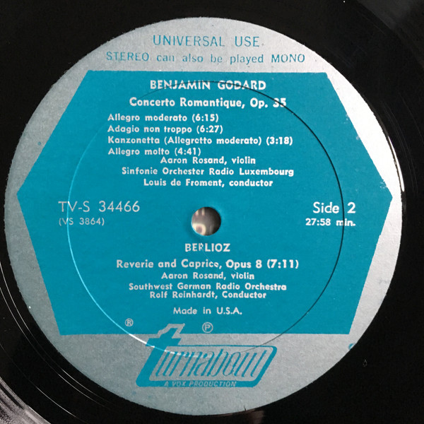Cover zu Benjamin Godard, Ernest Chausson, Camille Saint-Saëns, Hector Berlioz, Aaron Rosand - French Romantic Works For Violin And Orchestra | 1972 | Vinyl | Classical | US