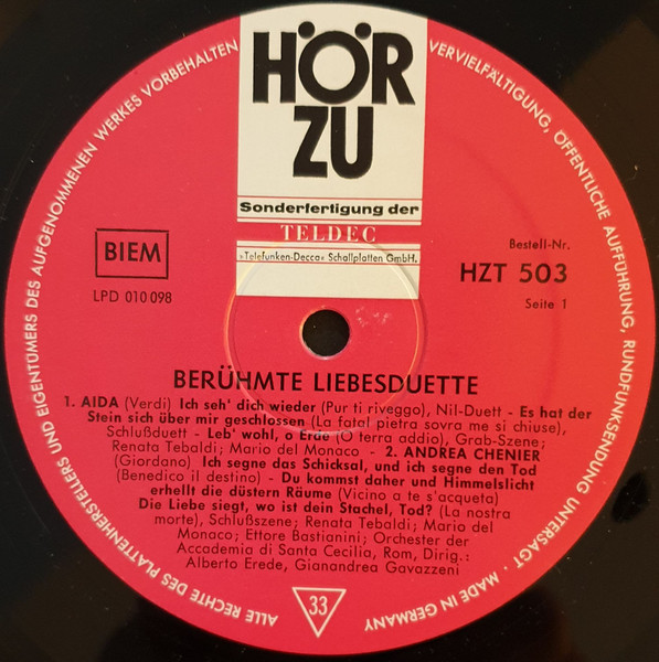 Cover zu Renata Tebaldi, Mario del Monaco - Berühmte Liebesduette | Vinyl | Classical | Germany