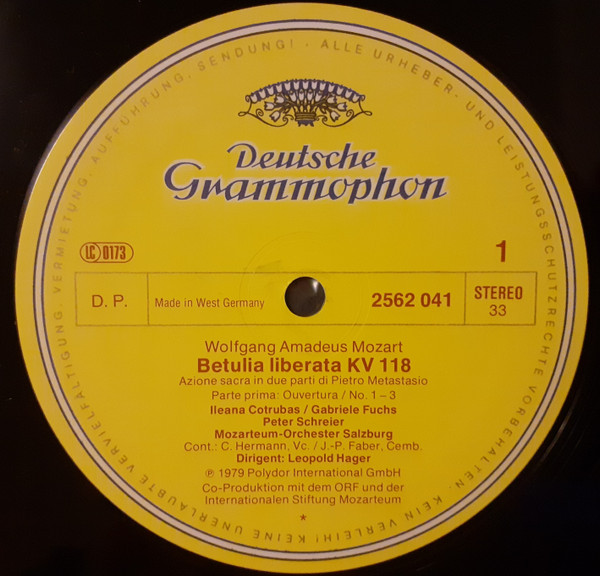 Cover zu Wolfgang Amadeus Mozart - Ileana Cotrubas • Gabriele Fuchs • Hanna Schwarz • Margarita Zimmermann, Peter Schreier • Walter Berry • Salzburger Kammerchor, Das Mozarteum Orchester Salzburg • Leopold Hager - Betulia Liberata | 1979 | Vinyl | Classical | Germany