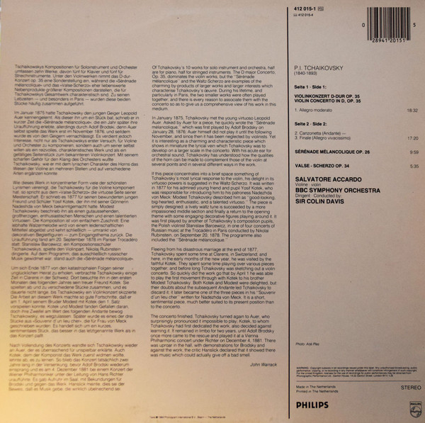 Cover zu Pyotr Ilyich Tchaikovsky - Salvatore Accardo, BBC Symphony Orchestra, Sir Colin Davis - Violin Concerto | 1984 | Vinyl | Classical | Netherlands Schallplatten Ankauf