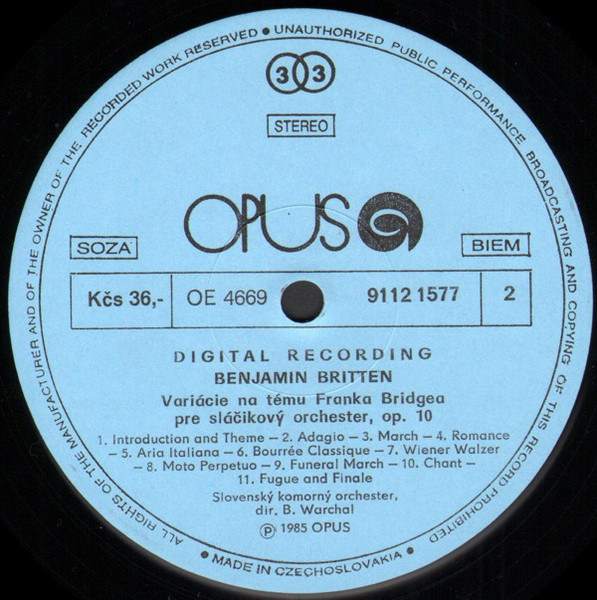 Cover zu Benjamin Britten - Peter Schreier, Bohdan Warchal, Slovak Chamber Orchestra, Peter Damm - Serenade For Tenor Solo, Horn And Strings, Op. 31 / Variations On A Theme Of Frank Bridge, Op. 10 | 1986 | Vinyl | Classical | Czechoslovakia Schallplatten Ankauf