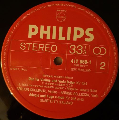 Cover zu Wolfgang Amadeus Mozart - Arthur Grumiaux, Arrigo Pelliccia / Quartetto Italiano - Die 2 Duos für Violine und Viola / Adagio und Fuge c-moll-in C minor, K. 546 | Vinyl | Classical | Netherlands