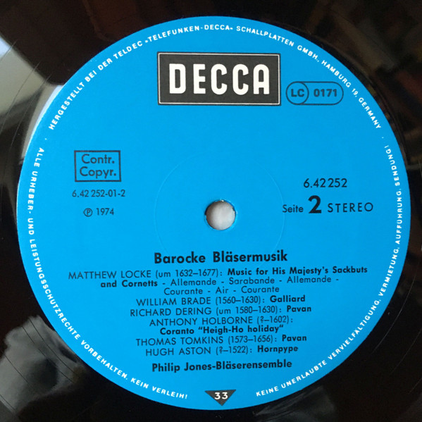 Cover zu Philip Jones Brass Ensemble, Andrea Gabrieli, Samuel Scheidt, Matthew Locke, Anthony Holborne - Barocke Bläsermusik | 1977 | Vinyl, LP, Stereo | Classical | Germany