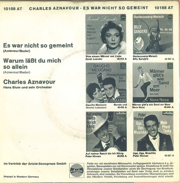 Cover zu Charles Aznavour - Es War Nicht So Gemeint | 1963 | Vinyl | Pop | Germany