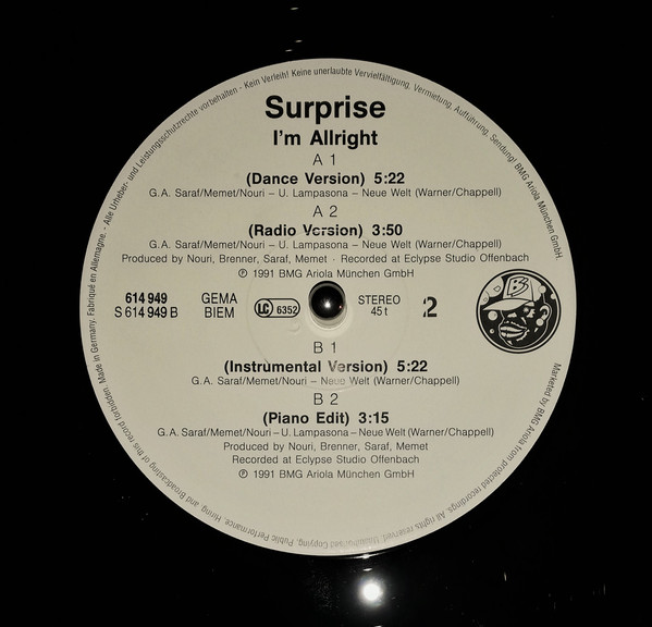 Cover zu Surprise (8) - I'm Allright | 1991 | Vinyl | Electronic | Europe Schallplatten Ankauf