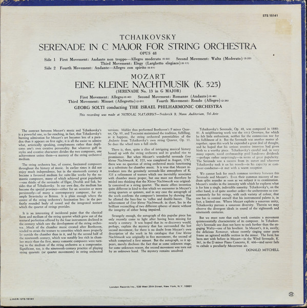 Cover zu Pyotr Ilyich Tchaikovsky / Wolfgang Amadeus Mozart, Israel Philharmonic Orchestra, Georg Solti - Serenade For Strings / Eine Kleine Nachtmusik, K.525 | 1971 | Vinyl | Classical | US Schallplatten Ankauf