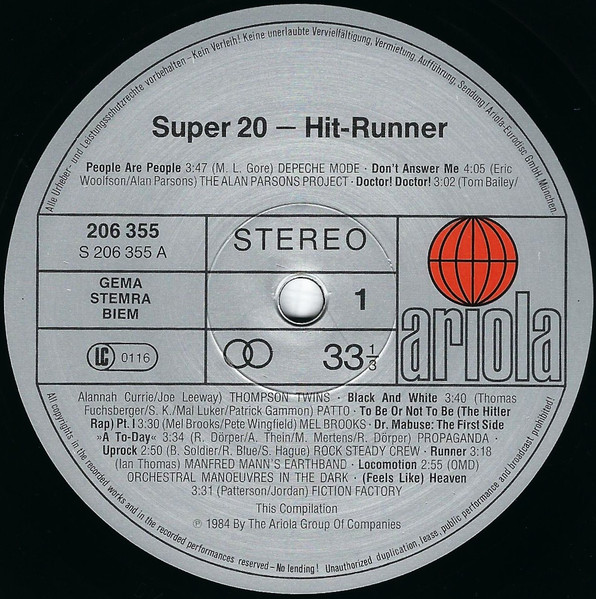 Cover zu Various - Super 20 - Hit-Runner | 1984 | Vinyl | Electronic, Hip Hop, Rock, Pop | Germany Schallplatten Ankauf