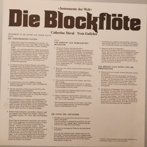 Cover zu Catherine Duval, Yvon Guilcher - Die Blockflöte | 1978 | Vinyl | Folk, World, & Country | Germany