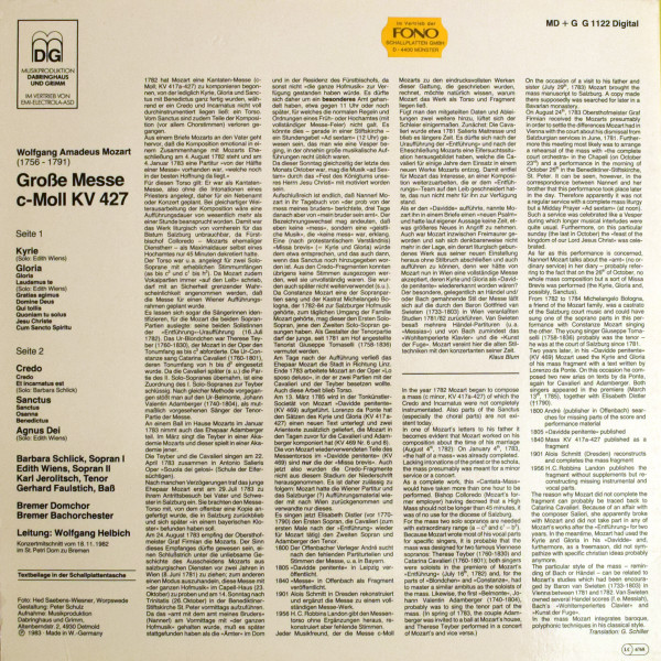Cover zu Wolfgang Amadeus Mozart - Große Messe C-Moll, KV 427 (Konzertmischnitt) | 1983 | Vinyl | Classical | Germany