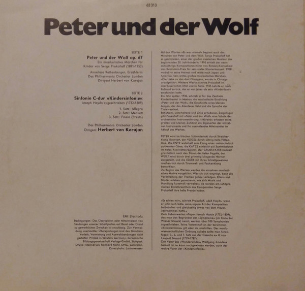 Cover zu Sergei Prokofiev / Joseph Haydn ' Herbert von Karajan, Anneliese Rothenberger, Philharmonia Orchestra - Peter Und Der Wolf / Kindersinfonie | Vinyl | Classical | Germany Schallplatten Ankauf