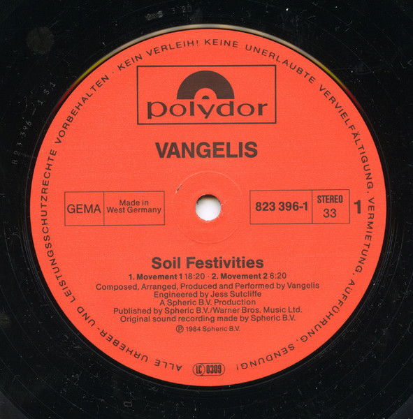 Cover zu Vangelis - Soil Festivities | 1984 | Vinyl | Electronic | Germany