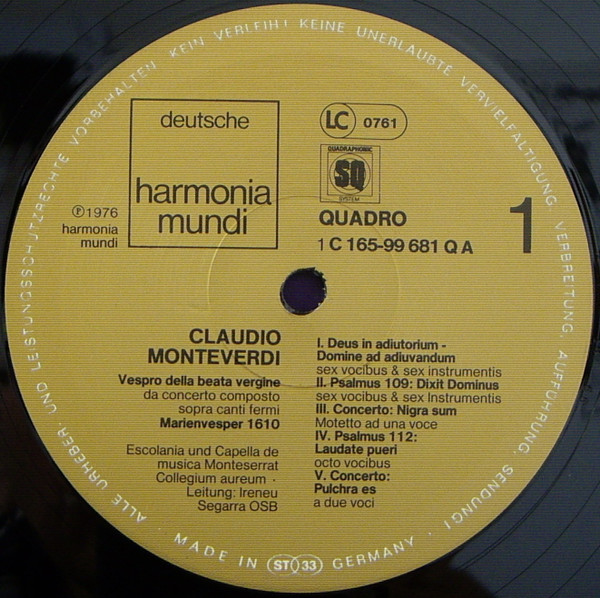 Cover zu Claudio Monteverdi – Escolanía De Montserrat, Collegium Aureum, Ireneu Segarra OSB - Vespro Della Beata Vergine | 1976 | Vinyl | Classical | Germany