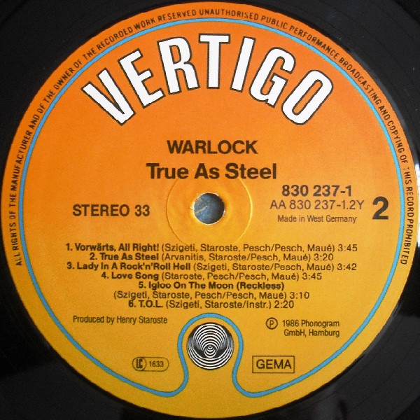 Cover zu Warlock (2) - True As Steel | 1986 | Vinyl | Rock | Germany Schallplatten Ankauf