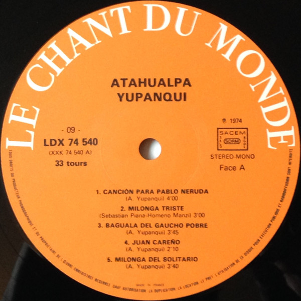 Cover zu Atahualpa Yupanqui - Cancion Para Pablo Neruda | 1974 | Vinyl | Folk, World, & Country | France Schallplatten Ankauf