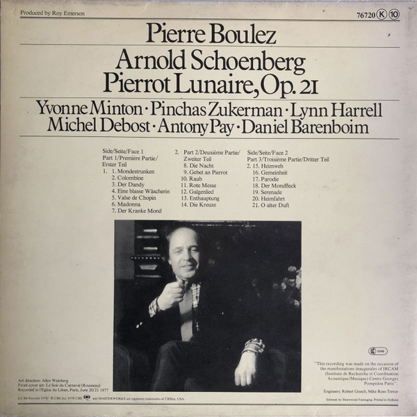 Cover zu Arnold Schoenberg, Pierre Boulez, Pinchas Zukerman, Lynn Harrell, Michel Debost, Antony Pay, Daniel Barenboim, Yvonne Minton - Pierrot Lunaire | 1978 | Vinyl | Classical | Europe