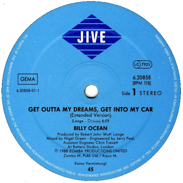 Cover zu Billy Ocean - Get Outta My Dreams, Get Into My Car | 1988 | Vinyl | Electronic | Germany Schallplatten Ankauf