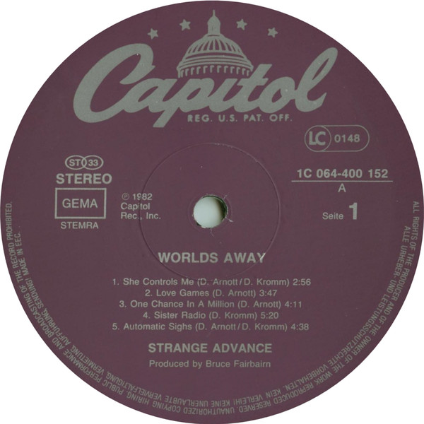 Cover zu Strange Advance - Worlds Away | 1983 | Vinyl | Electronic, Rock, Pop | Europe