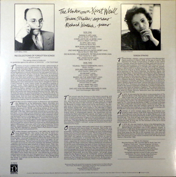 Cover zu Teresa Stratas, Kurt Weill - The Unknown Kurt Weill | 1981 | Vinyl | Classical, Stage & Screen | US