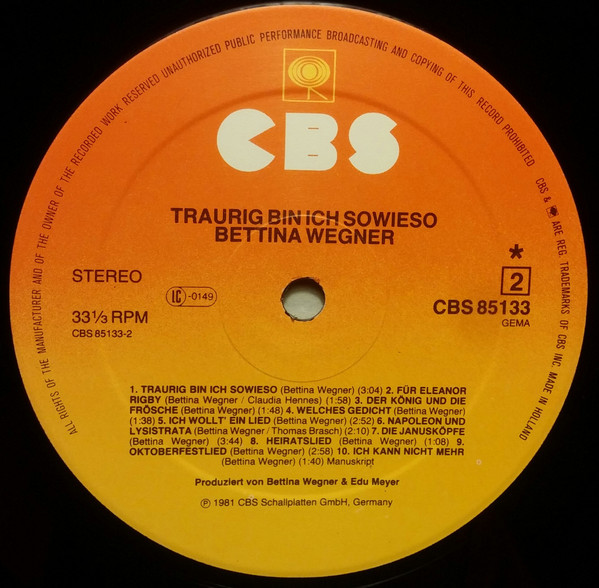 Cover zu Bettina Wegner - Traurig Bin Ich Sowieso | 1981 | Vinyl | Rock, Pop, Folk, World, & Country | Germany